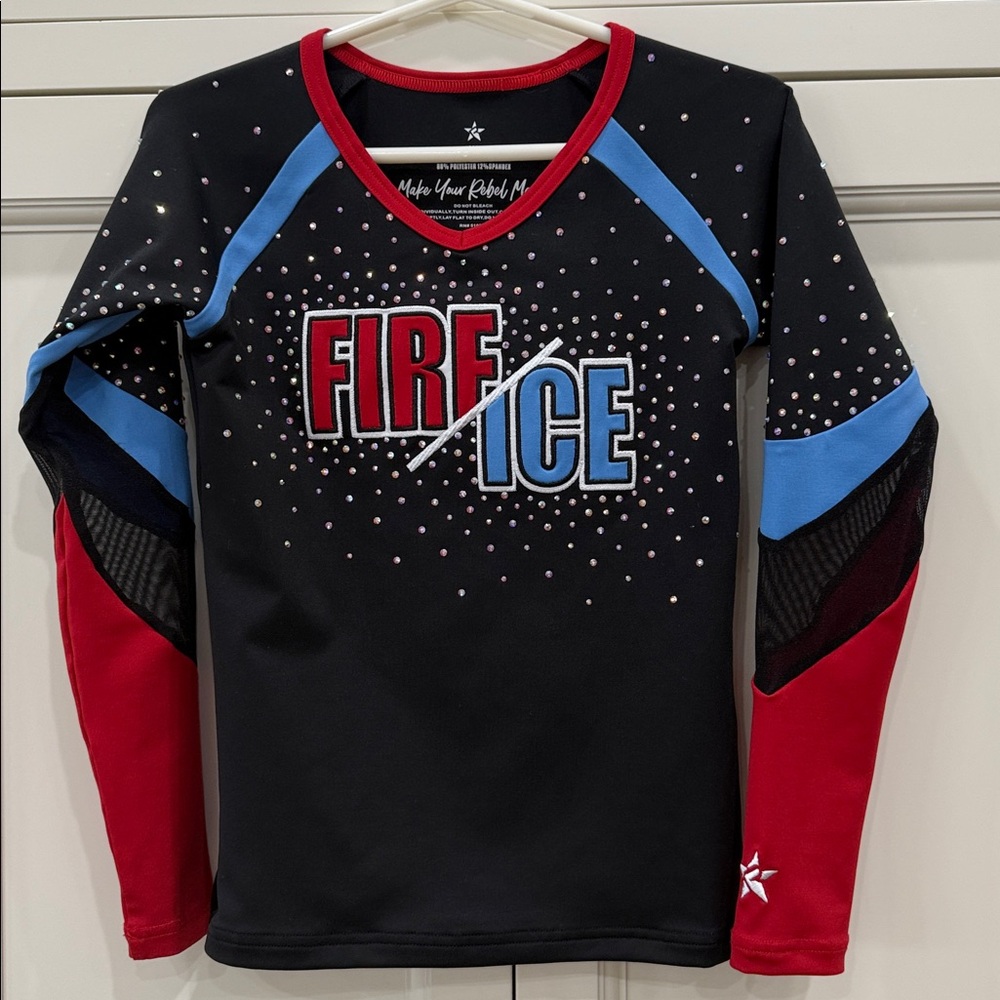 Rebel Athletic “Fire/Ice” branded long sleeve cheerleading TOP ONLY Size YL